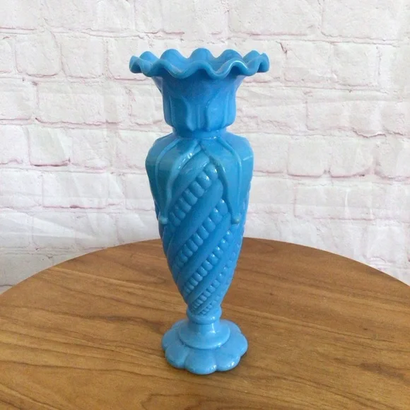 Victorian Blue Opaline Glass Ruffled Footed Vase - Picture 1 of 8